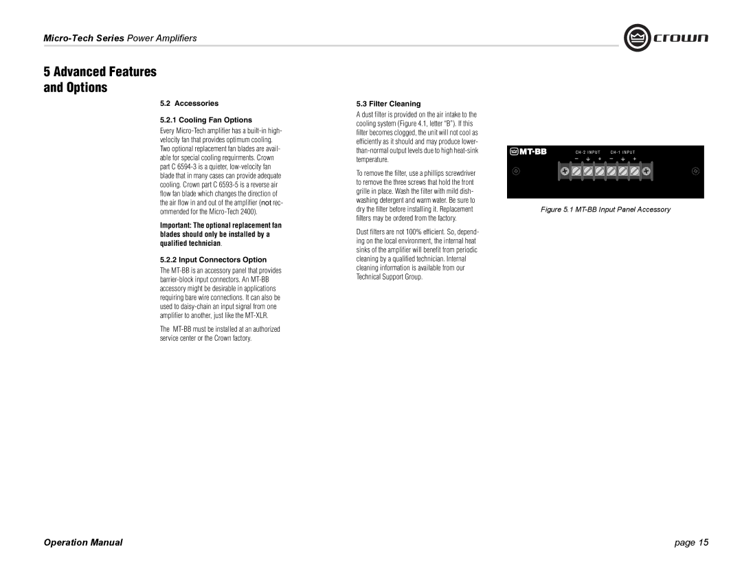 Crown Audio 1201, 2401, MT-601 operation manual Accessories Cooling Fan Options, Input Connectors Option, Filter Cleaning 