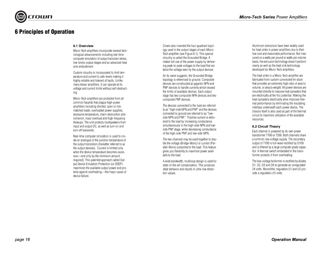 Crown Audio MT-601, 1201, 2401 operation manual Principles of Operation, Overview, Circuit Theory 