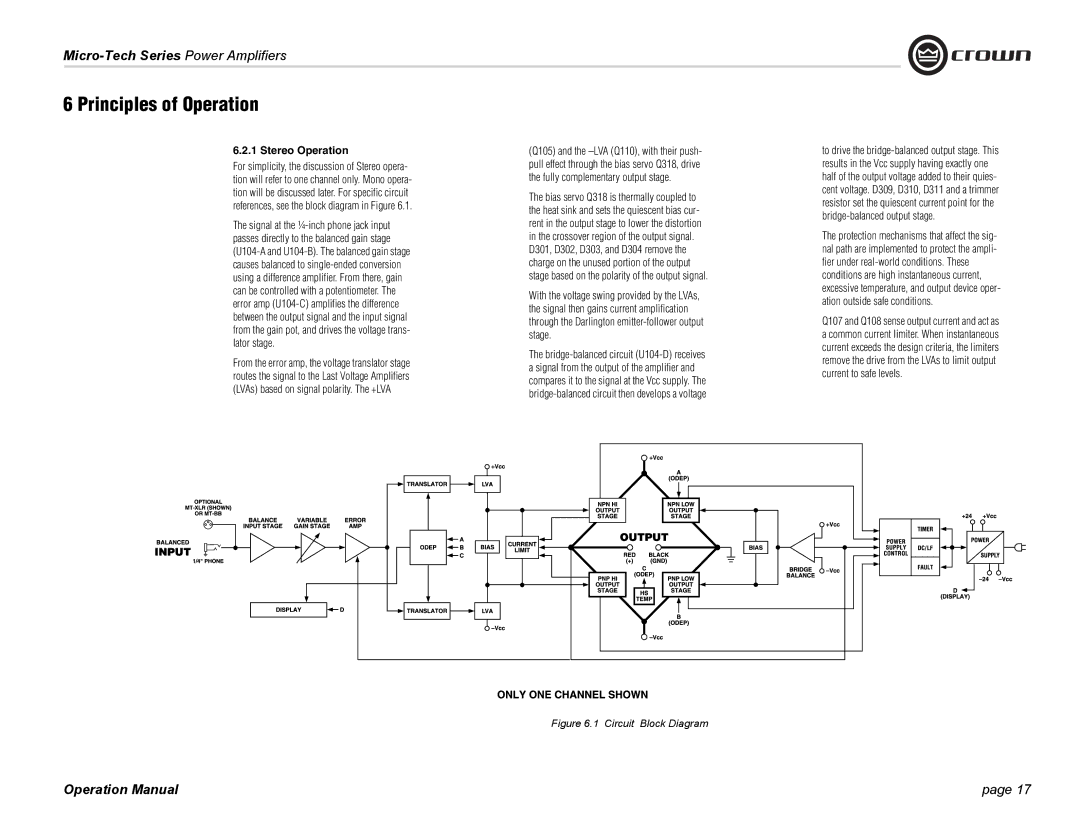 Crown Audio 1201, 2401, MT-601 operation manual Stereo Operation, Circuit Block Diagram 