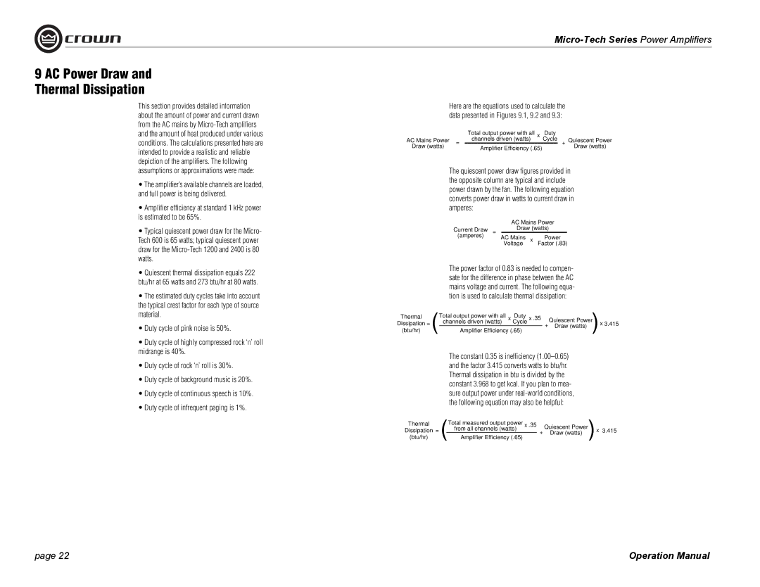 Crown Audio MT-601, 1201, 2401 operation manual AC Power Draw Thermal Dissipation 