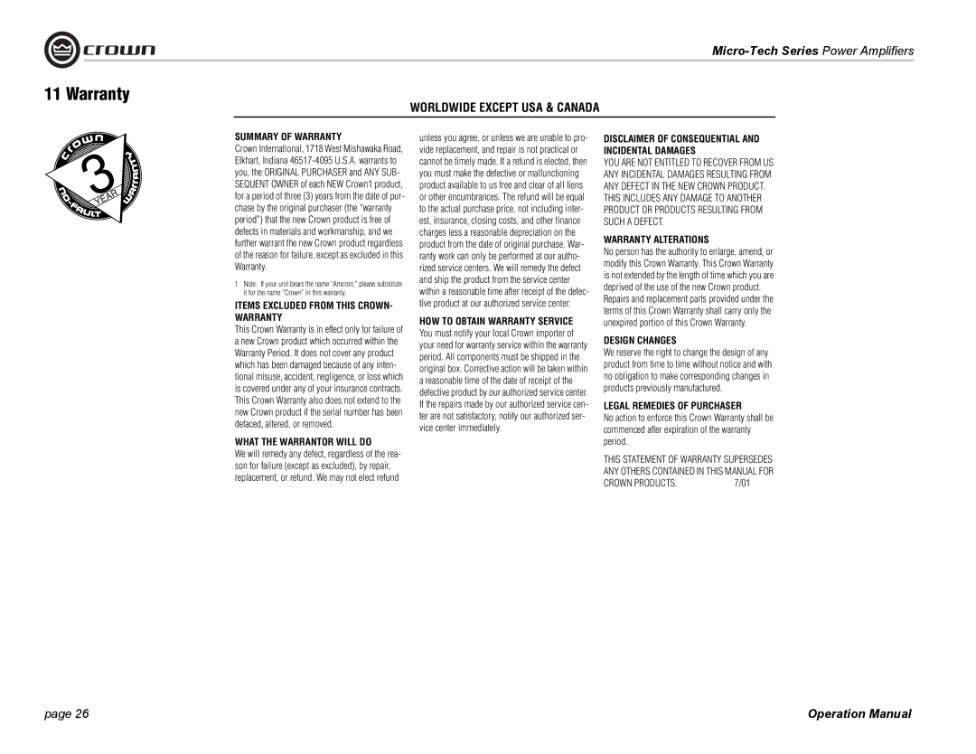 Crown Audio MT-601, 1201, 2401 operation manual Worldwide Except USA & Canada 