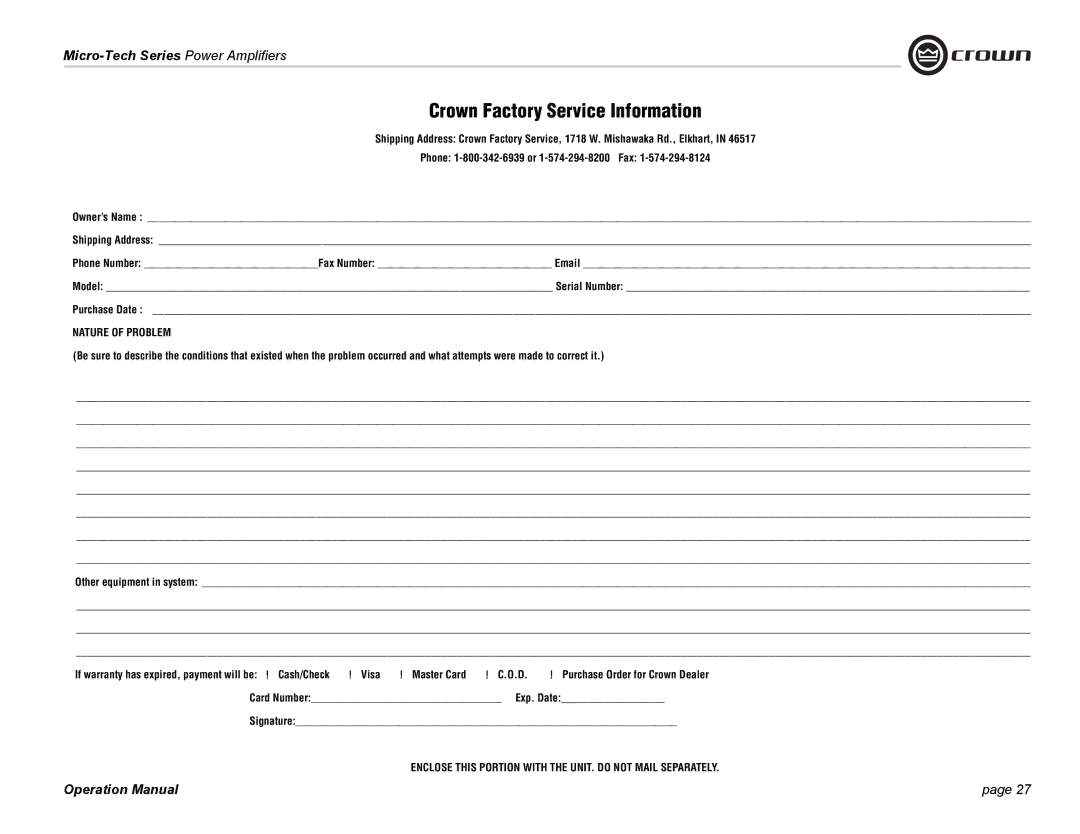 Crown Audio 1201, 2401 Crown Factory Service Information, Visa, Purchase Order for Crown Dealer, Card Number Exp. Date 