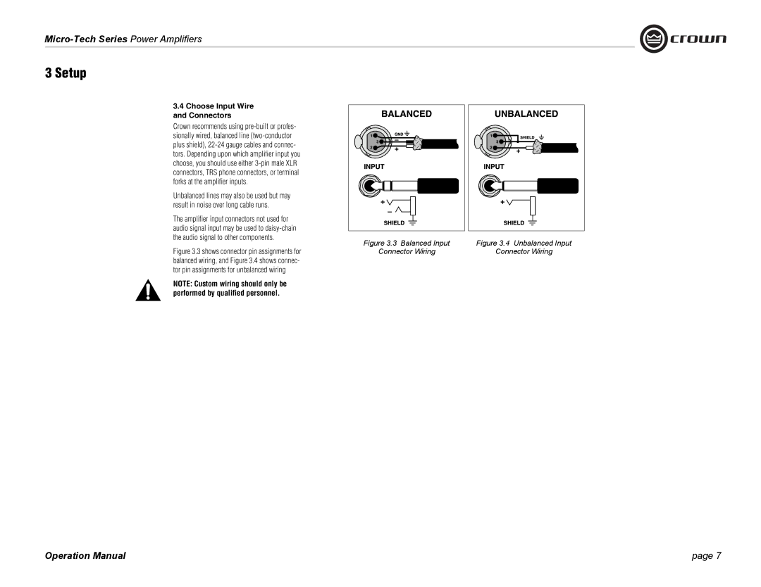 Crown Audio 1201, 2401, MT-601 operation manual Choose Input Wire Connectors, Shows connector pin assignments for 