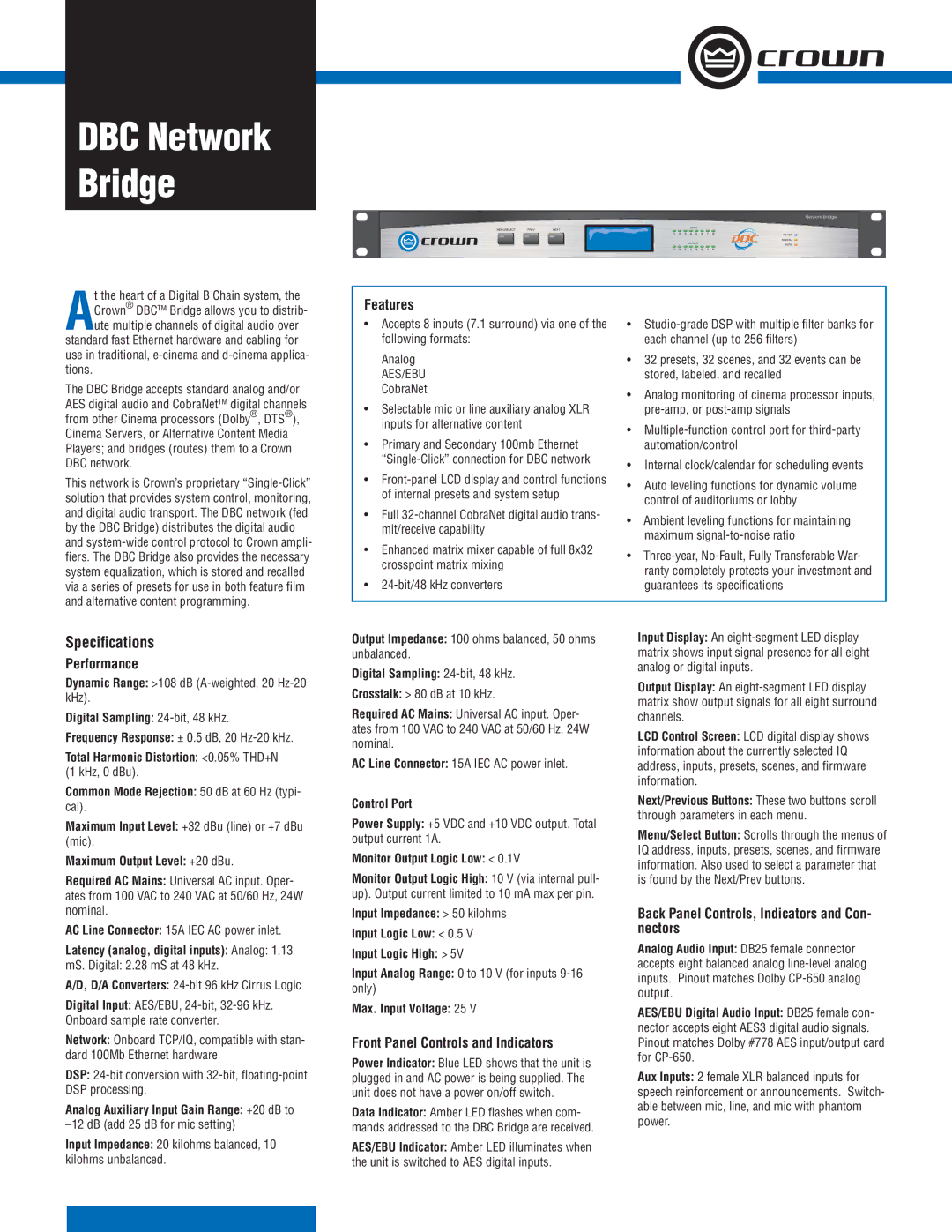 Crown Audio Network Bridge specifications Speciﬁcations, Features, Performance, Front Panel Controls and Indicators 