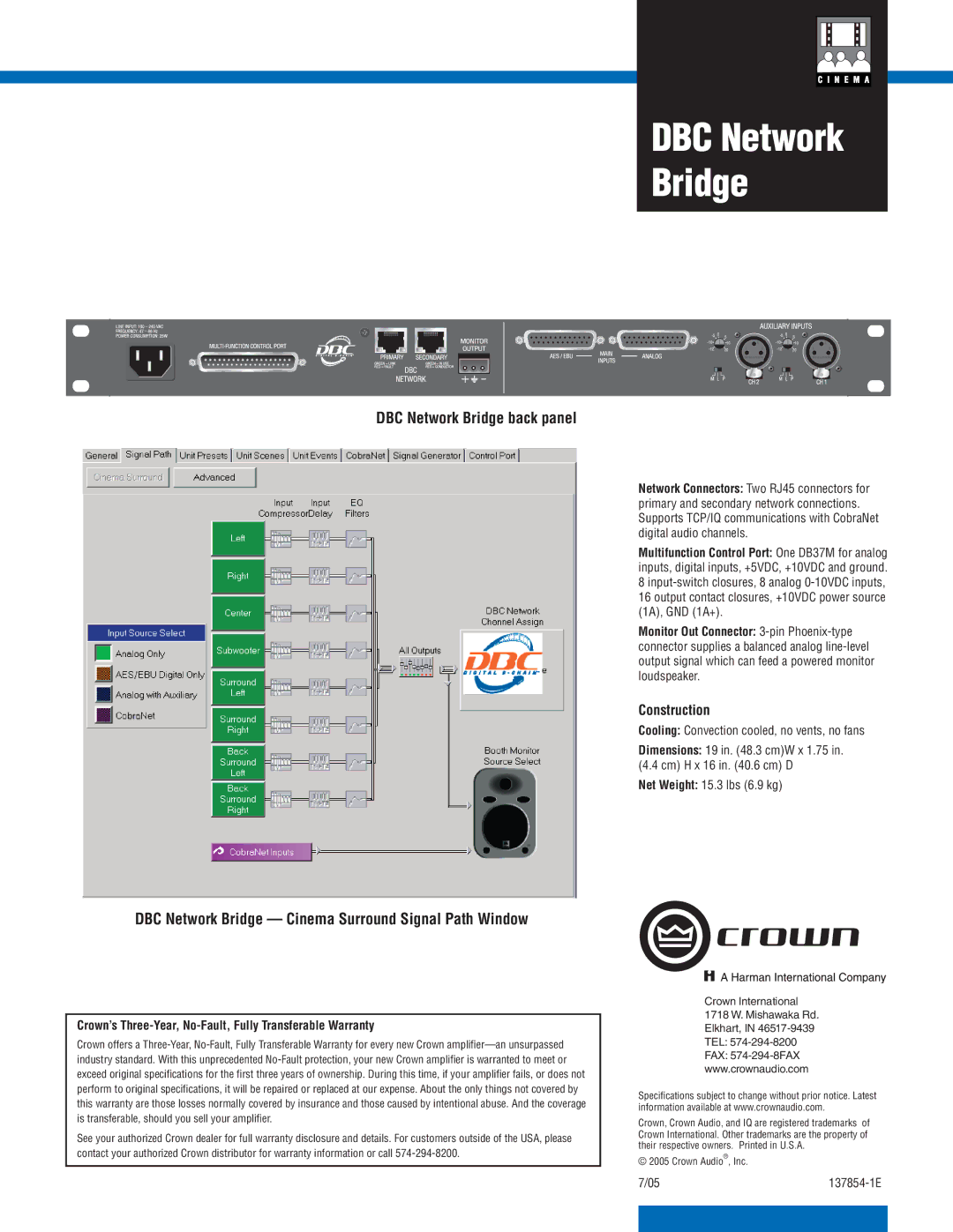 Crown Audio DBC Network Bridge back panel, DBC Network Bridge Cinema Surround Signal Path Window, Construction 