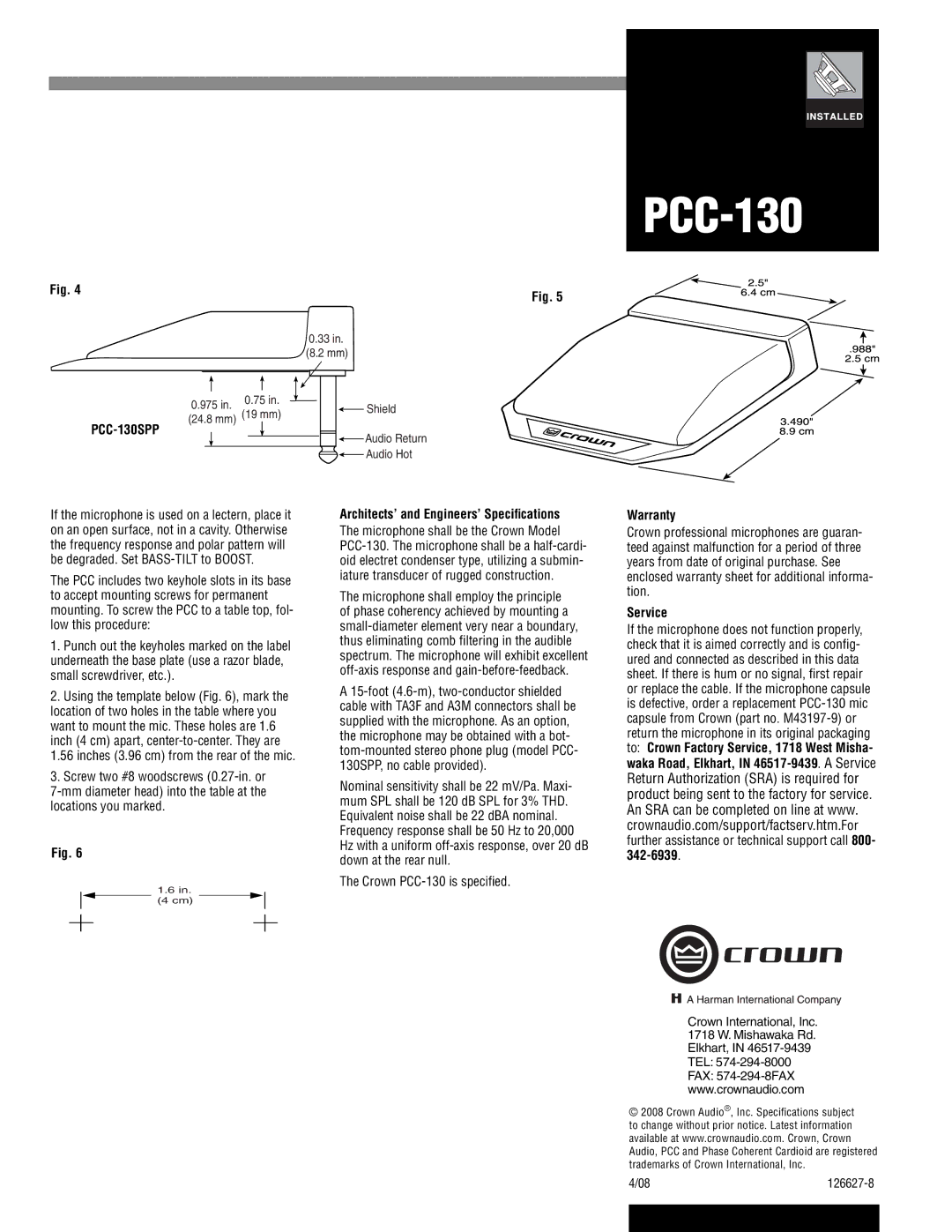 Crown Audio PCC-130 specifications Architects’ and Engineers’ Speciﬁcations, Warranty, Service 