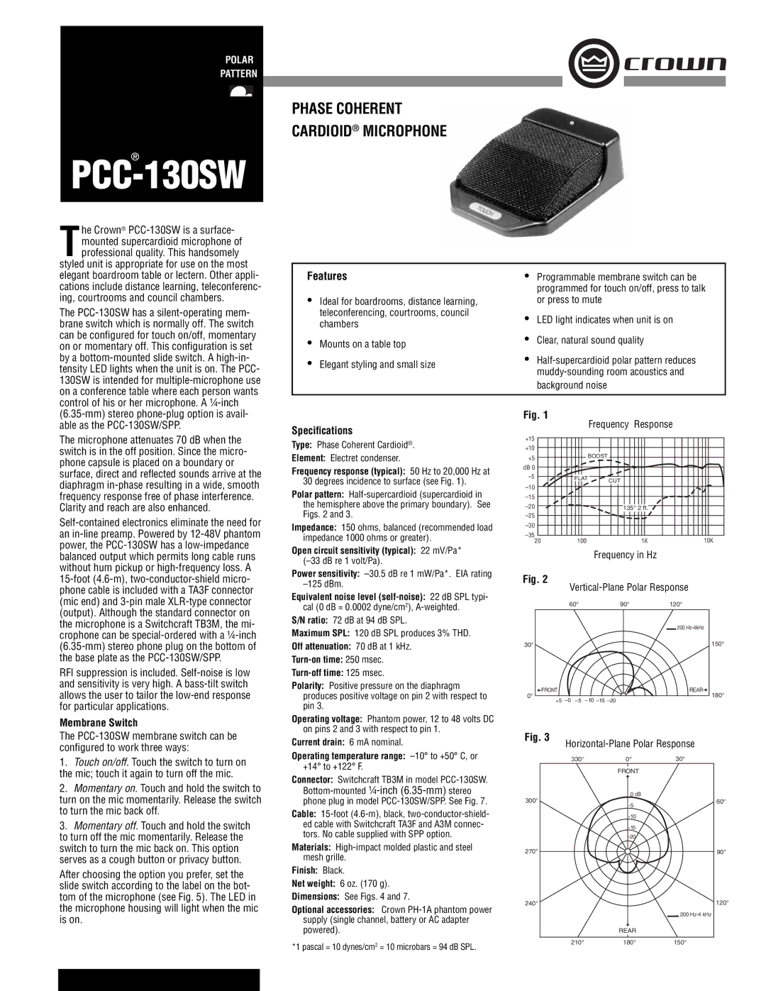 Crown Audio PCC-130SW specifications Features, Membrane Switch, Speciﬁcations 