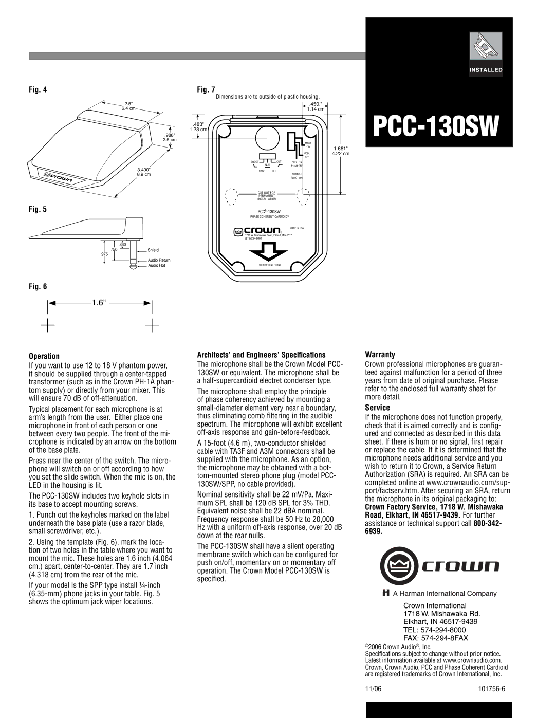 Crown Audio PCC-130SW specifications Warranty, Service, Operation, Architects’ and Engineers’ Speciﬁcations 