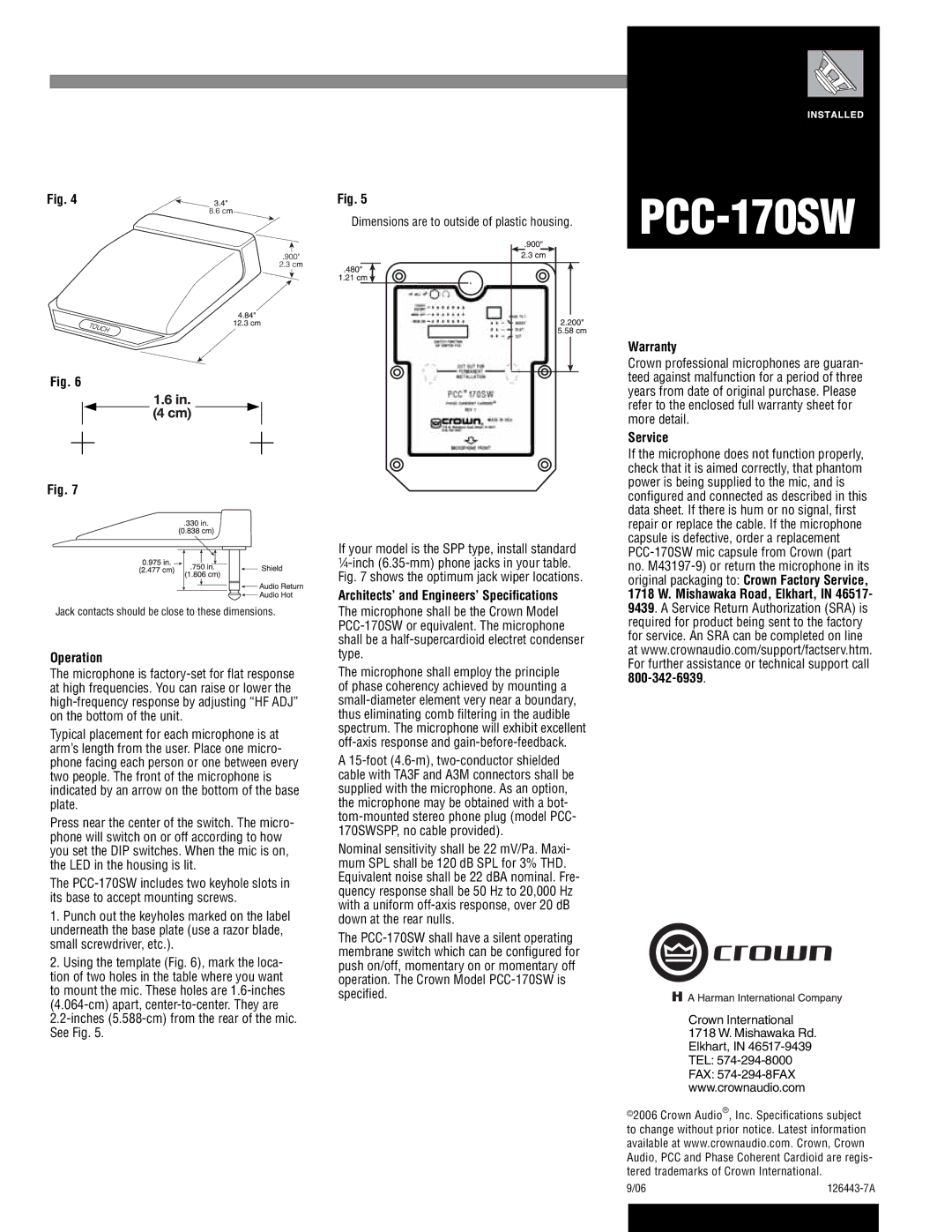 Crown Audio PCC-170SW specifications Operation, Architects’ and Engineers’ Speciﬁcations, Warranty, Service 