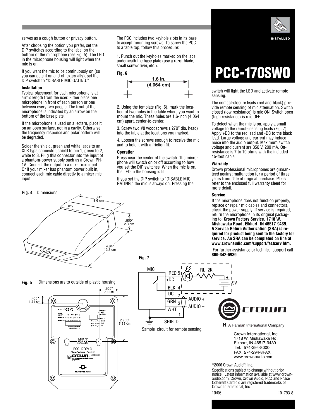 Crown Audio PCC-170SWO specifications Installation, Operation, Warranty, Service 