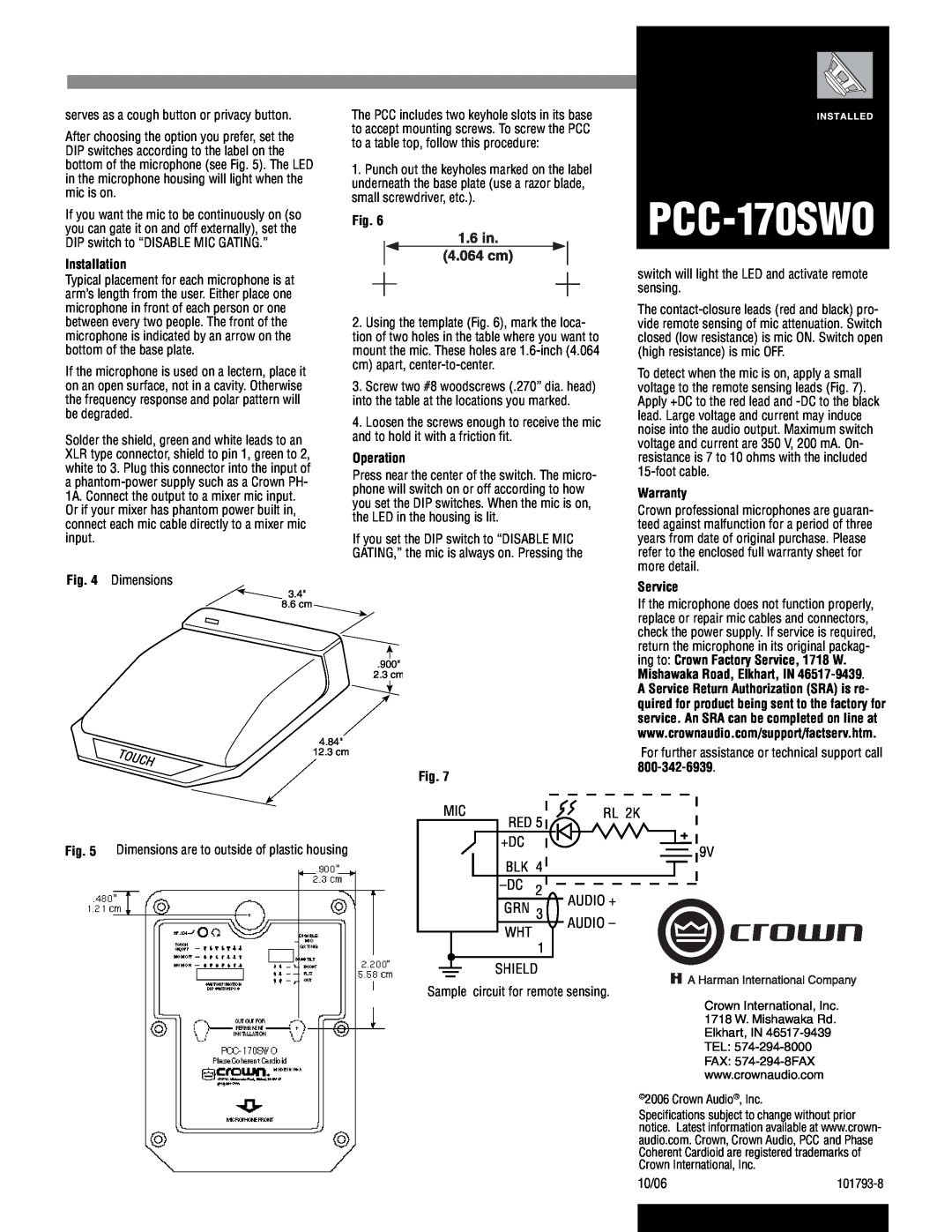 Crown Audio PCC-170SWO specifications Installation, Operation, Warranty, Service, RL 2K, Shield 