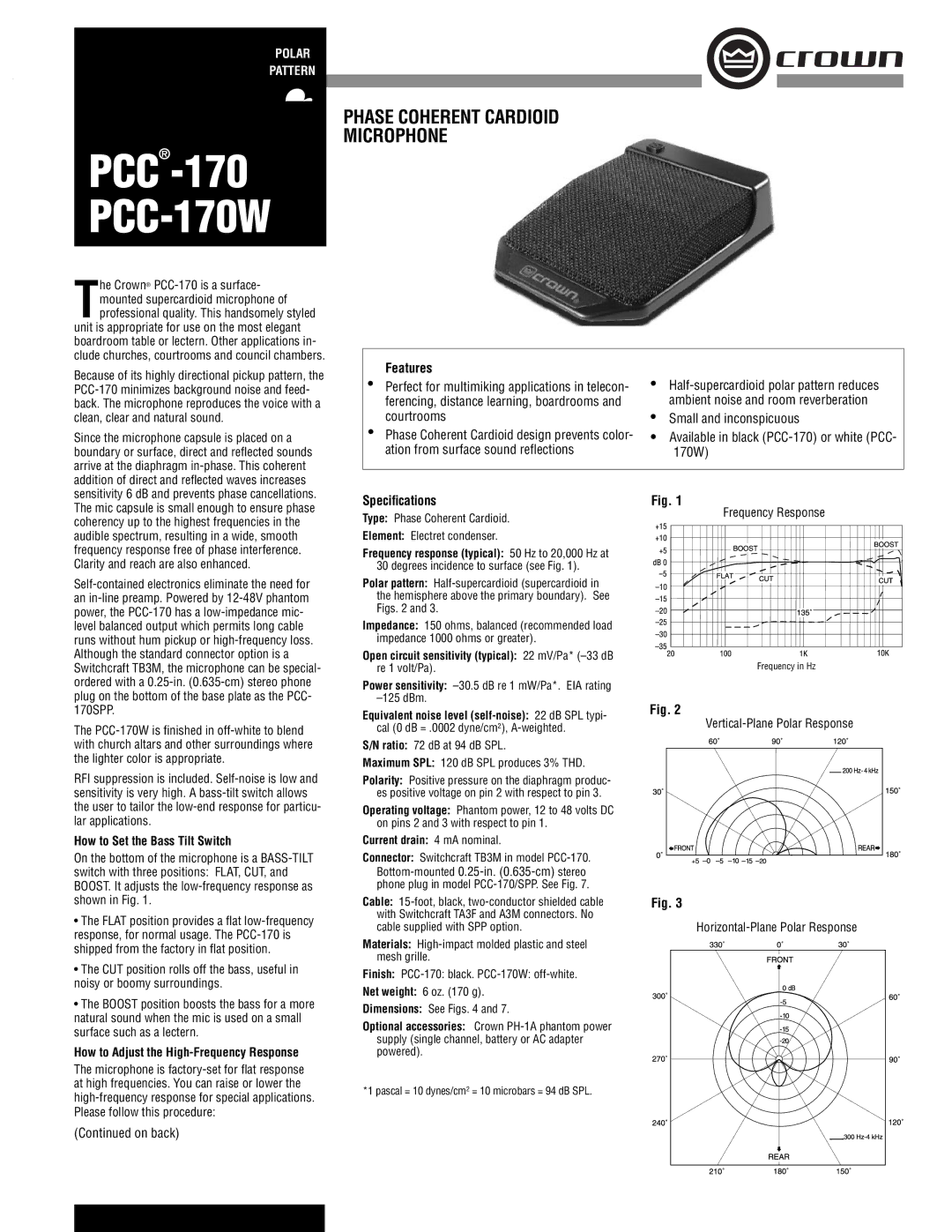 Crown Audio PCC-170W specifications Features, How to Set the Bass Tilt Switch 