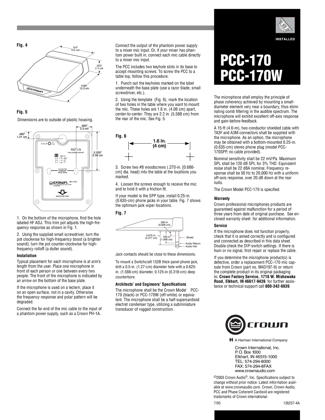 Crown Audio PCC-170W specifications Installation, Architects’ and Engineers’ Speciﬁcations, Warranty, Service 