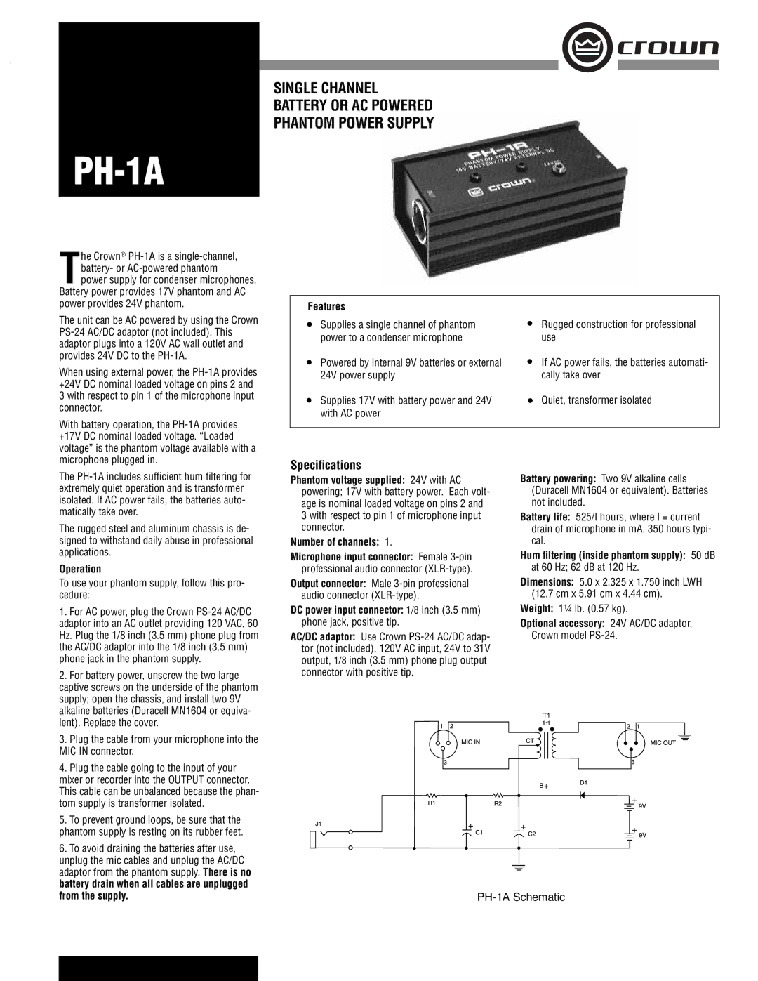 Crown Audio PH-1A specifications Features, Operation, Optional accessory 24V AC/DC adaptor, Crown model PS-24 