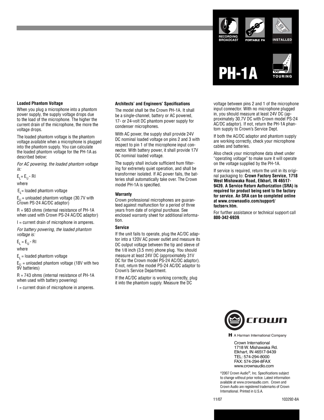 Crown Audio PH-1A specifications Loaded Phantom Voltage, Architects’ and Engineers’ Speciﬁcations, Warranty, Service 