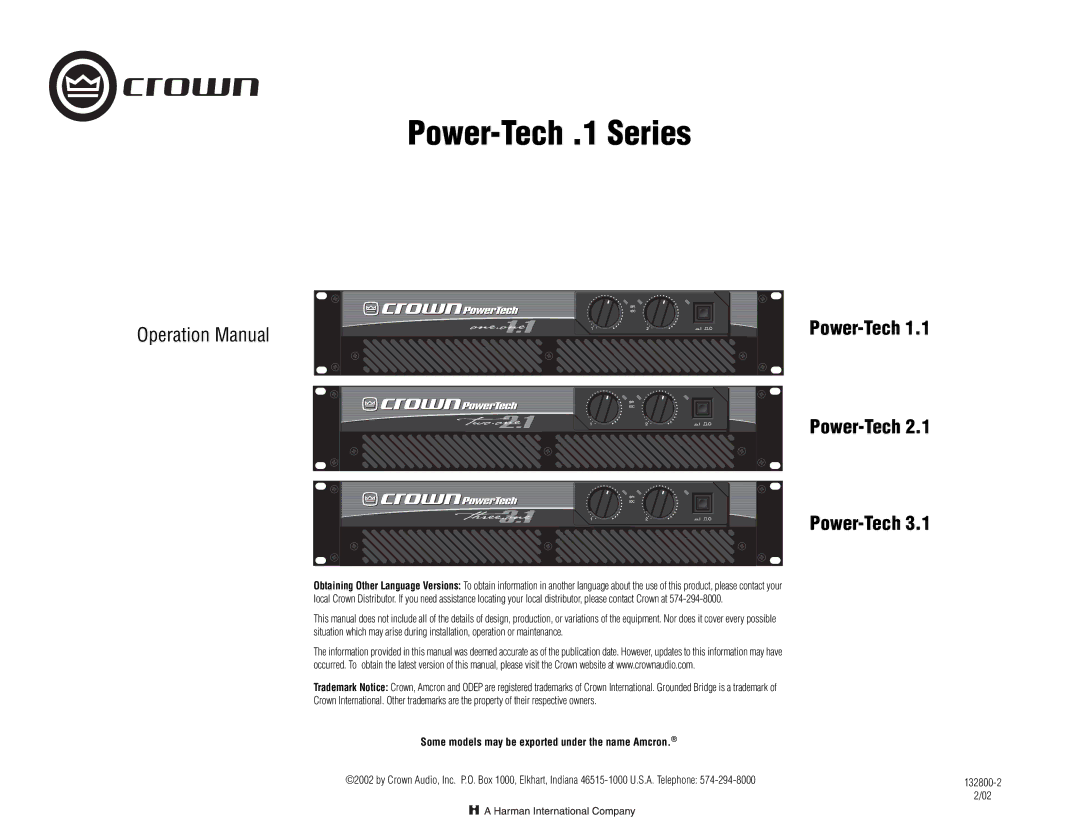 Crown Audio Power-Tech 1.1 operation manual Some models may be exported under the name Amcron, 132800-2 