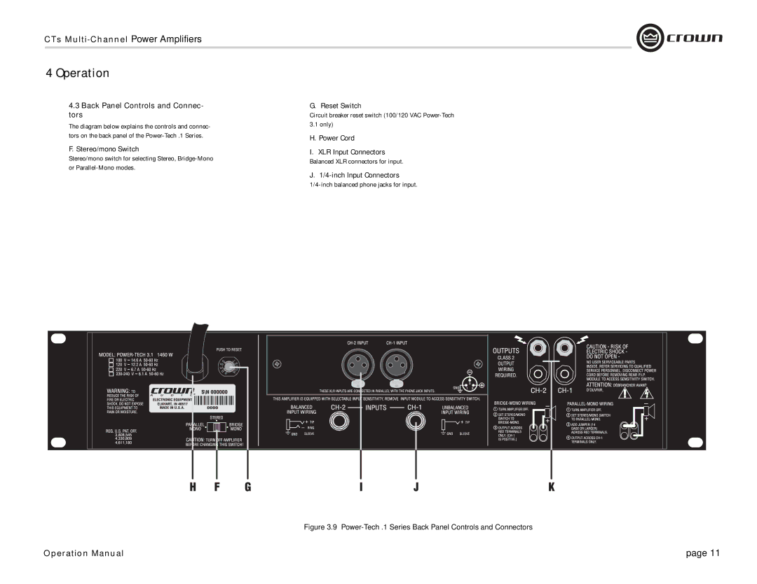 Crown Audio Power-Tech 1.1 Back Panel Controls and Connec- tors, Stereo/mono Switch, Reset Switch, Power Cord 