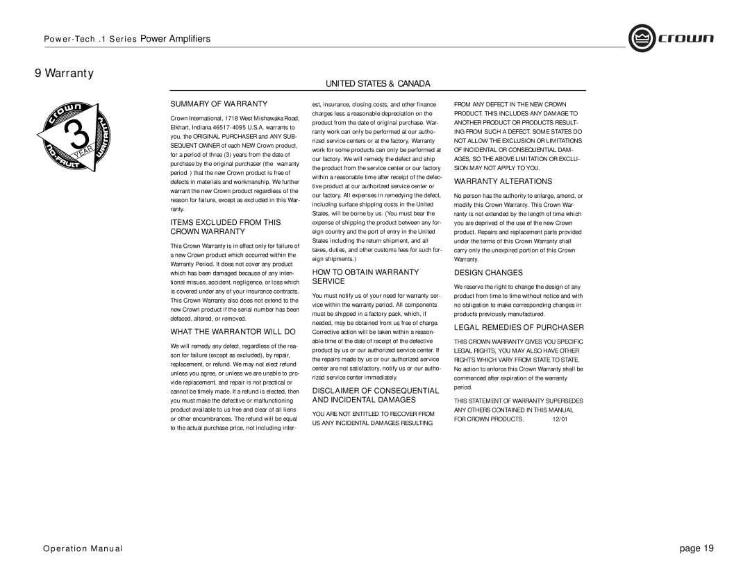 Crown Audio Power-Tech 1.1 operation manual Warranty 