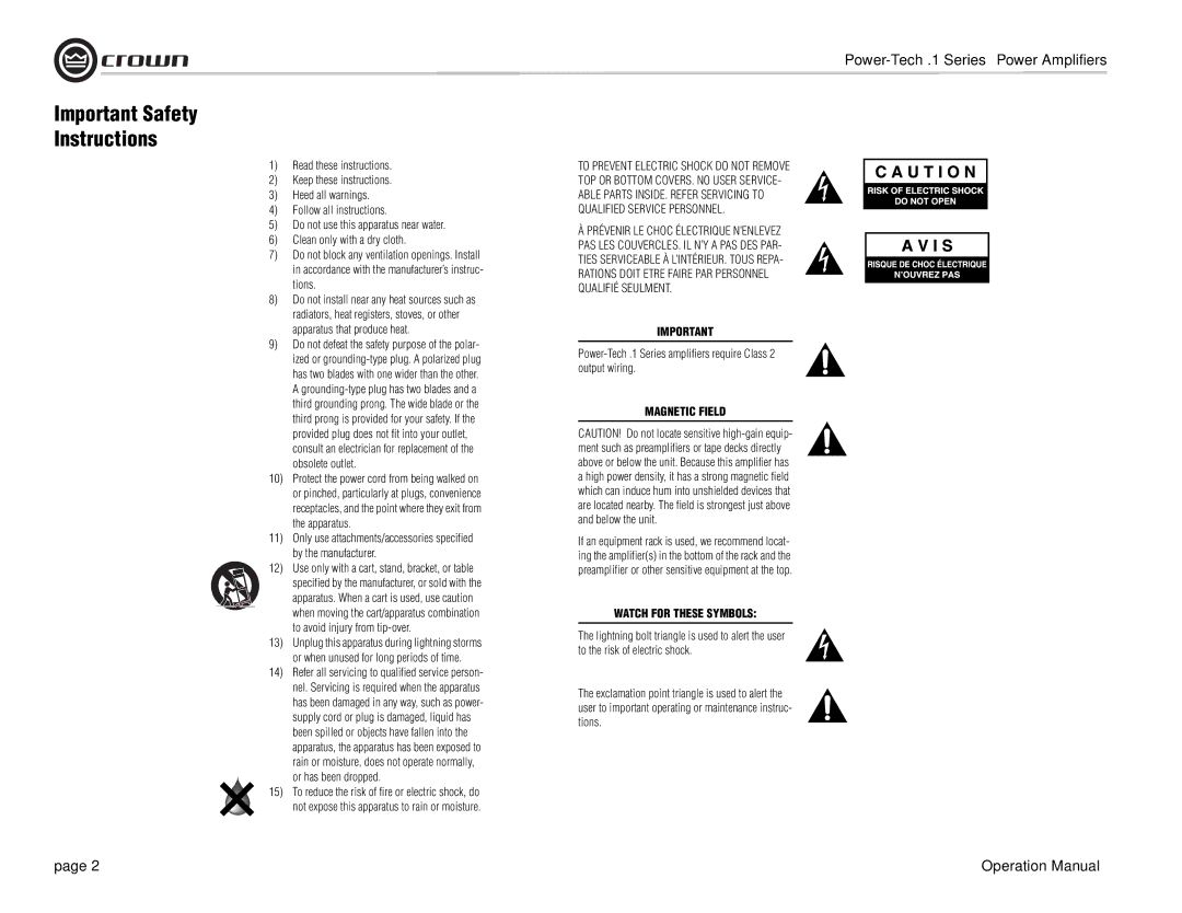 Crown Audio Power-Tech 1.1 operation manual Important Safety Instructions, Magnetic Field, Watch for These Symbols 