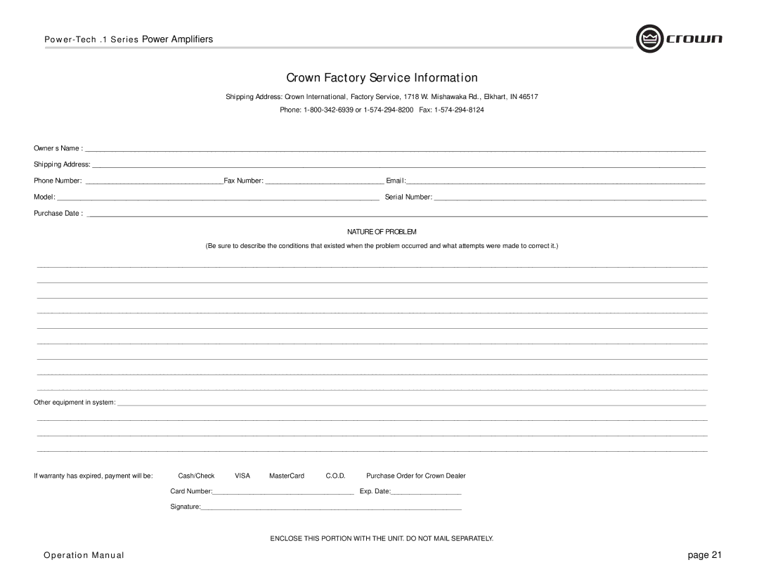 Crown Audio Power-Tech 1.1 operation manual Crown Factory Service Information, Nature of Problem 