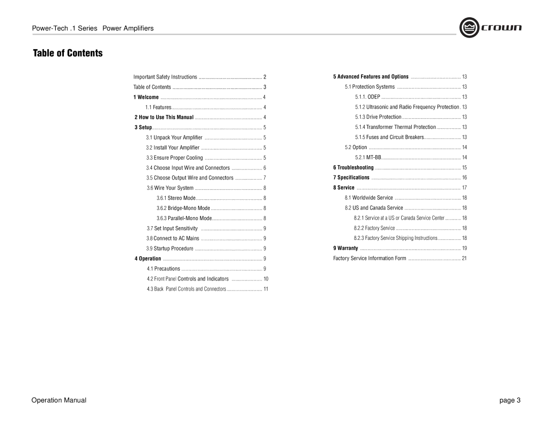 Crown Audio Power-Tech 1.1 operation manual Table of Contents 