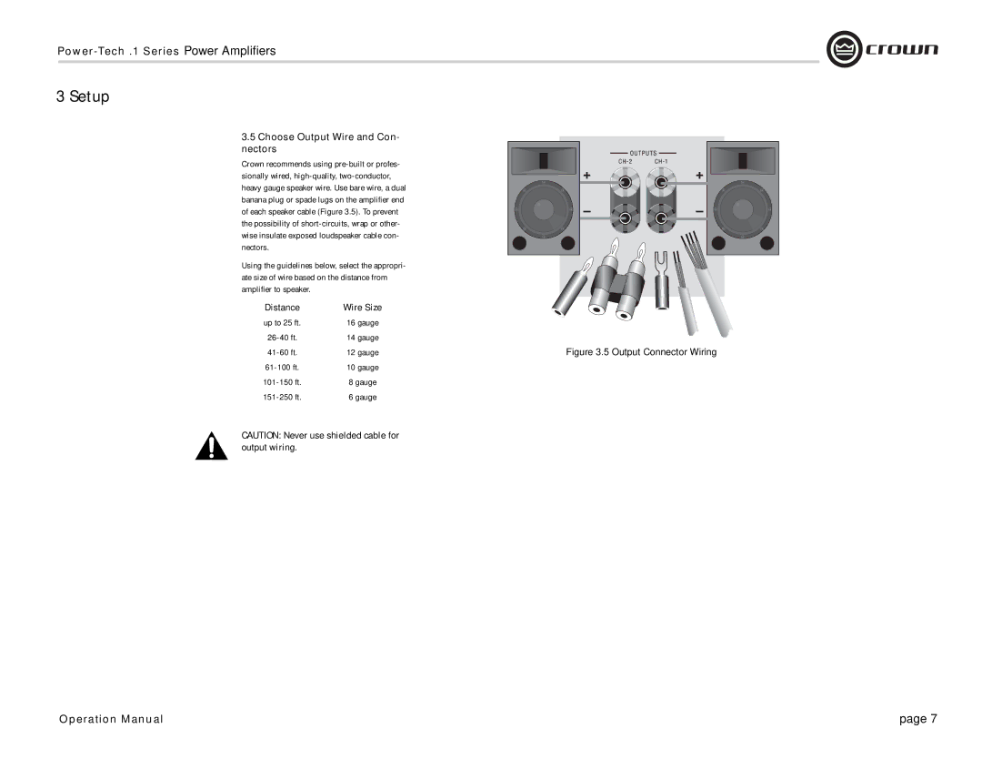 Crown Audio Power-Tech 1.1 operation manual Choose Output Wire and Con- nectors, Output Connector Wiring 