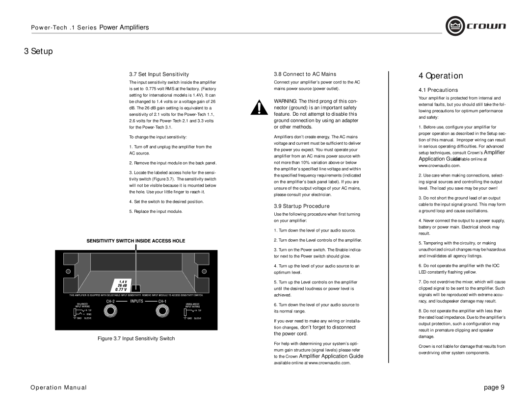 Crown Audio Power-Tech 1.1 operation manual Operation, Set Input Sensitivity, Startup Procedure, Precautions 