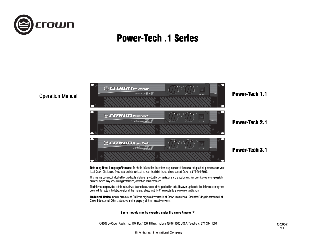 Crown Audio Power-Tech 1.1 operation manual Power-Tech1.1 Power-Tech2.1 Power-Tech3.1, Power-Tech .1Series 