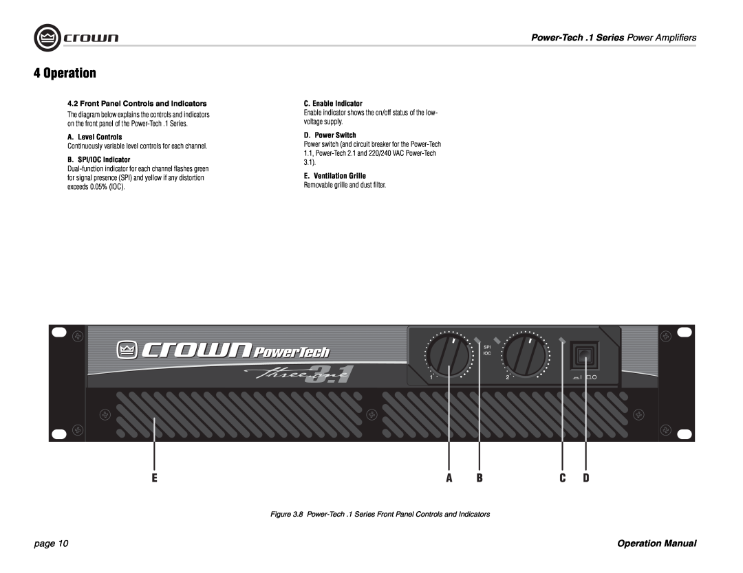 Crown Audio Power-Tech 1.1 4Operation, 4.2Front Panel Controls and Indicators, A. Level Controls, B. SPI/IOC Indicator 
