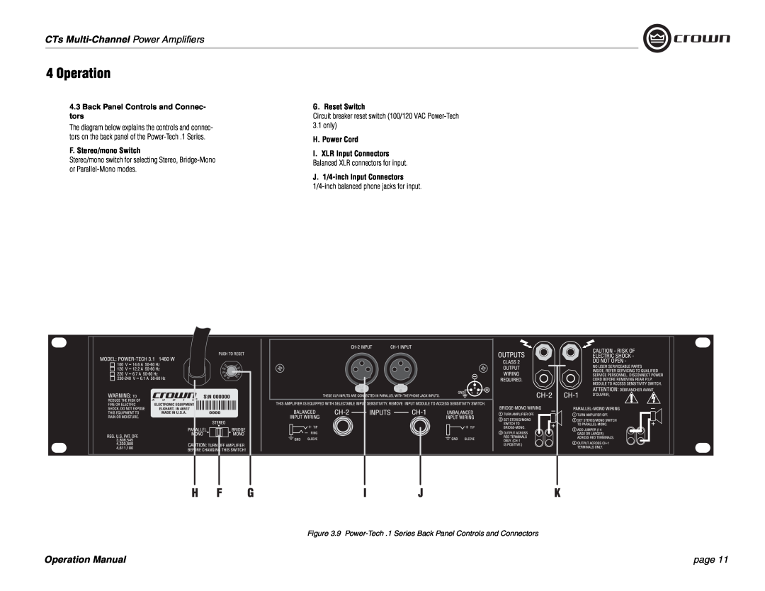 Crown Audio Power-Tech 1.1 CTs Multi-Channel Power Amplifiers, 4.3Back Panel Controls and Connec- tors, G. Reset Switch 