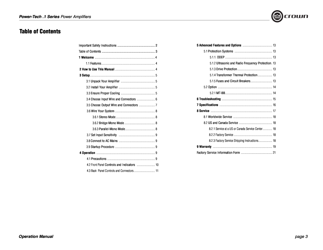 Crown Audio Power-Tech 1.1 operation manual Table of Contents, page, Power-Tech .1Series Power Amplifiers 