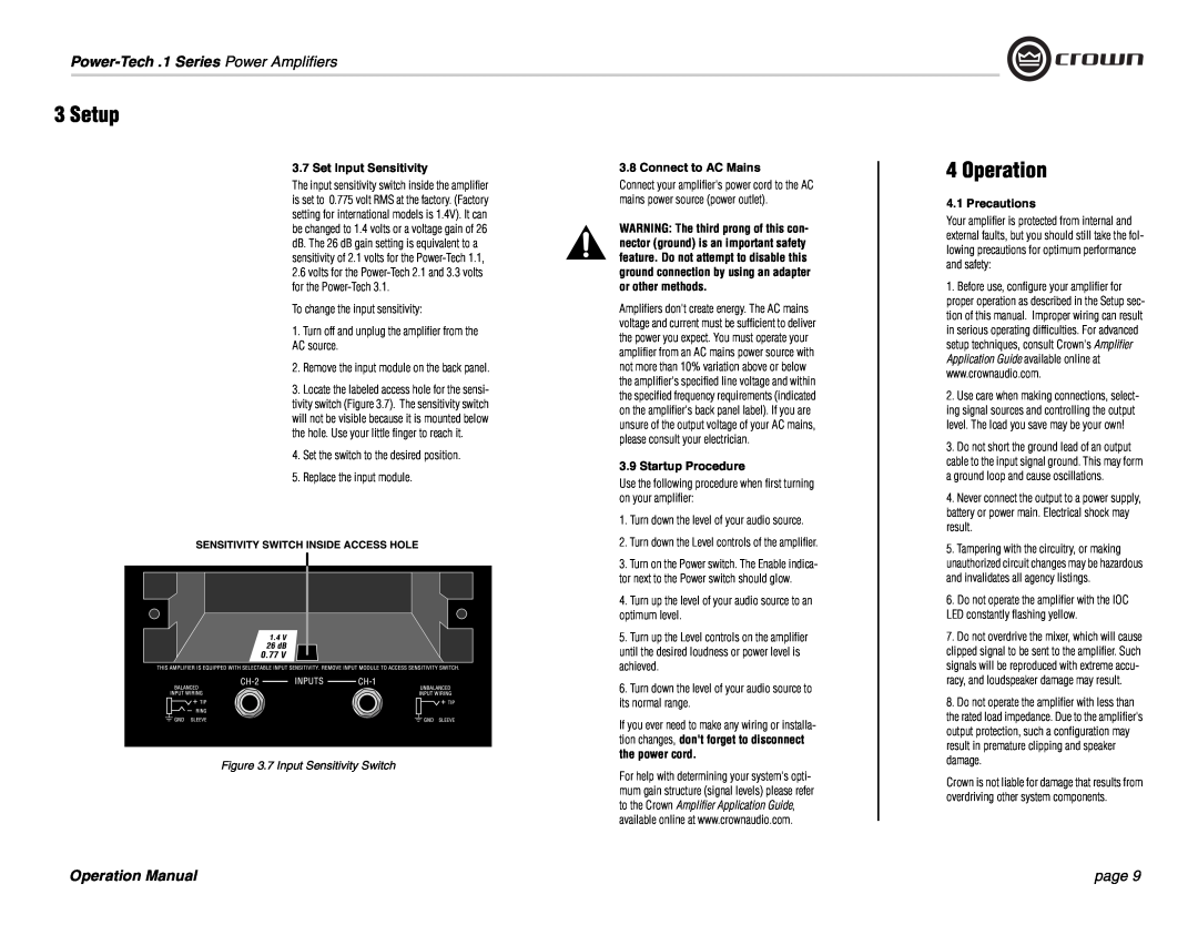 Crown Audio Power-Tech 1.1 operation manual Operation, Set Input Sensitivity, Startup Procedure, Precautions, Setup, page 