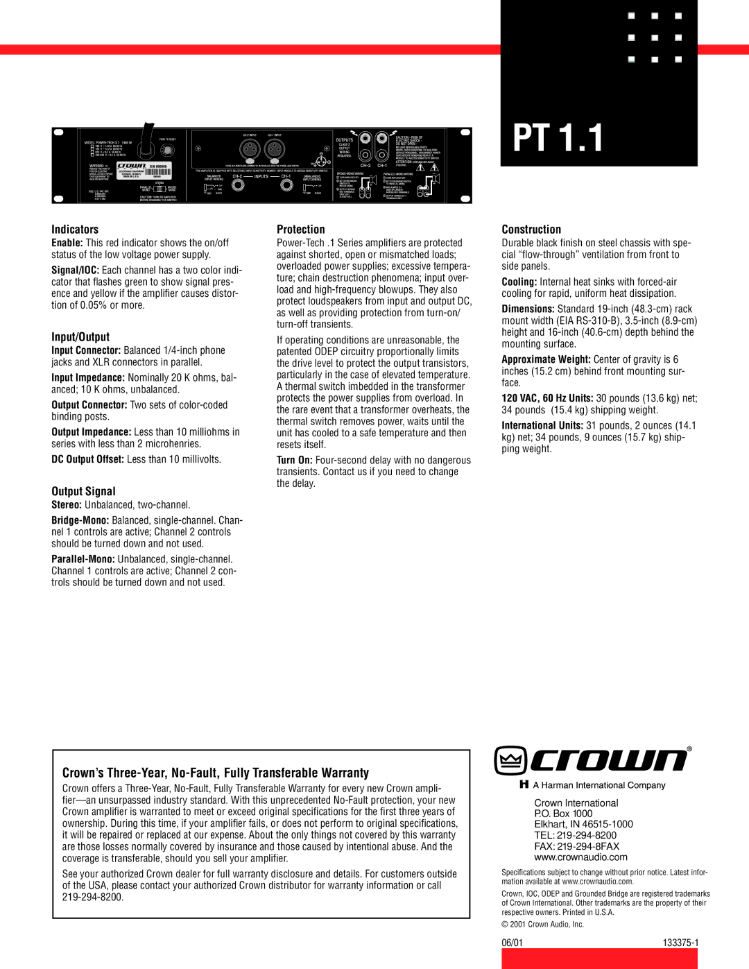 Crown Audio PT 1.1 specifications Crown’s Three-Year, No-Fault, Fully Transferable Warranty 