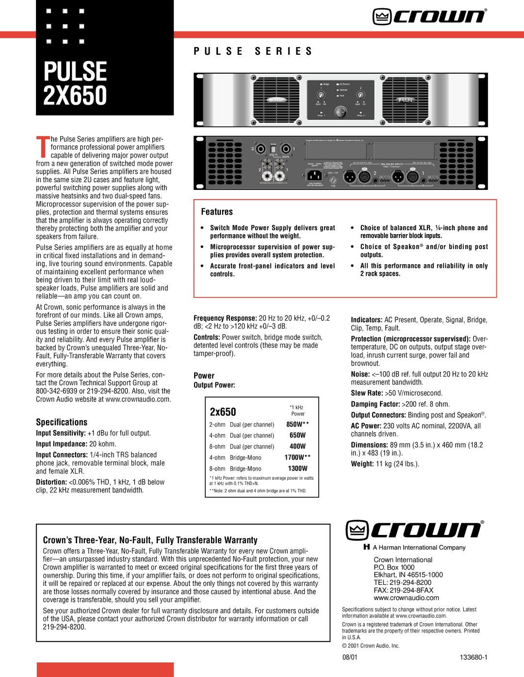 Crown Audio Pulse 2X650 specifications 2x650, Features, Speciﬁcations 