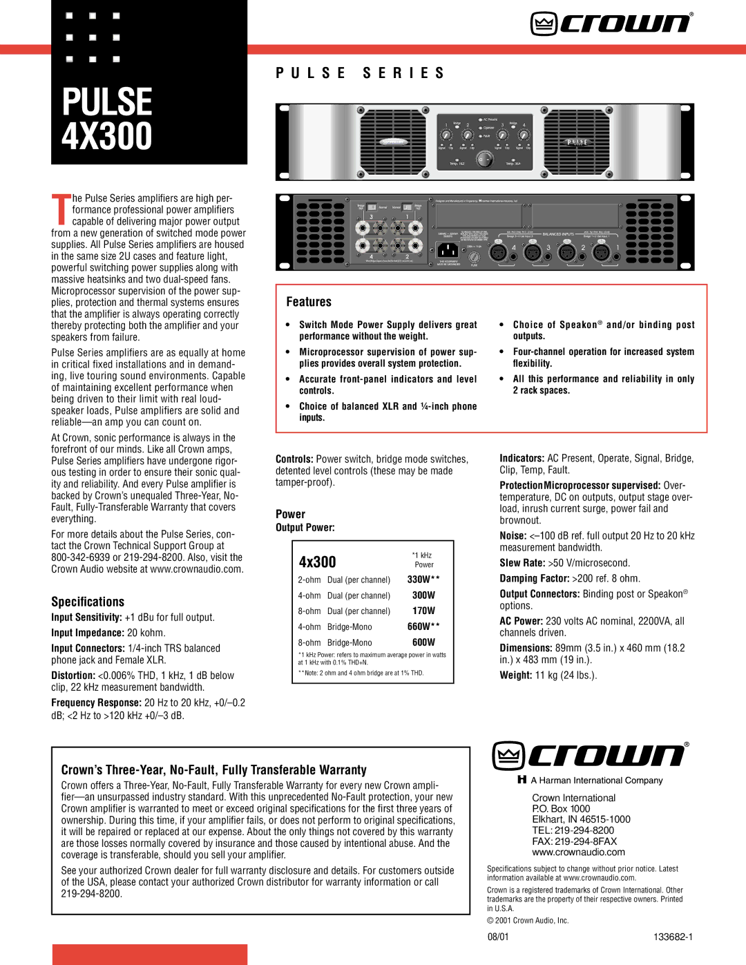 Crown Audio Pulse 4X300 specifications 4x300, Features, Speciﬁcations 