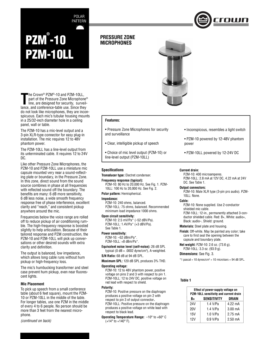 Crown Audio PZM-10LL specifications Features, Mic Placement, Speciﬁcations 