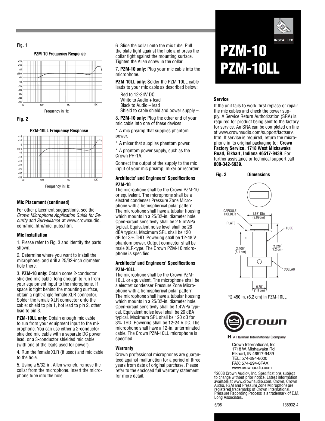 Crown Audio Mic Placement Mic Installation, Architects’ and Engineers’ Speciﬁcations PZM-10, Warranty, Service 