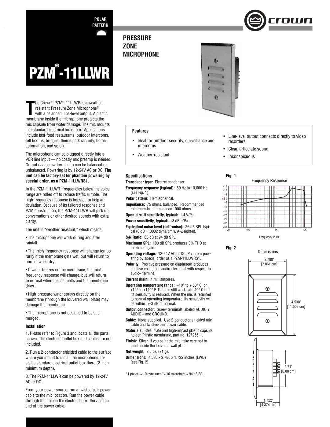 Crown Audio specifications PZM -11LLWR, Special order, as a PZM-11LLWRS1, Installation, Features, Speciﬁcations 