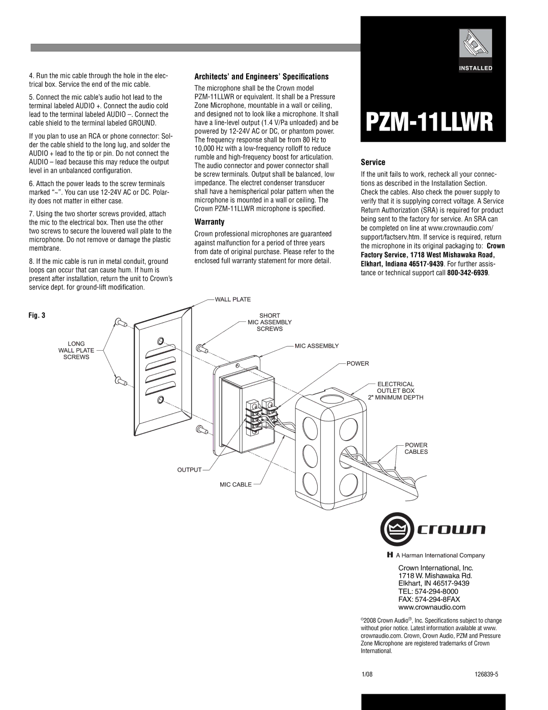 Crown Audio PZM-11LLWR specifications Architects’ and Engineers’ Speciﬁcations, Warranty, Service 