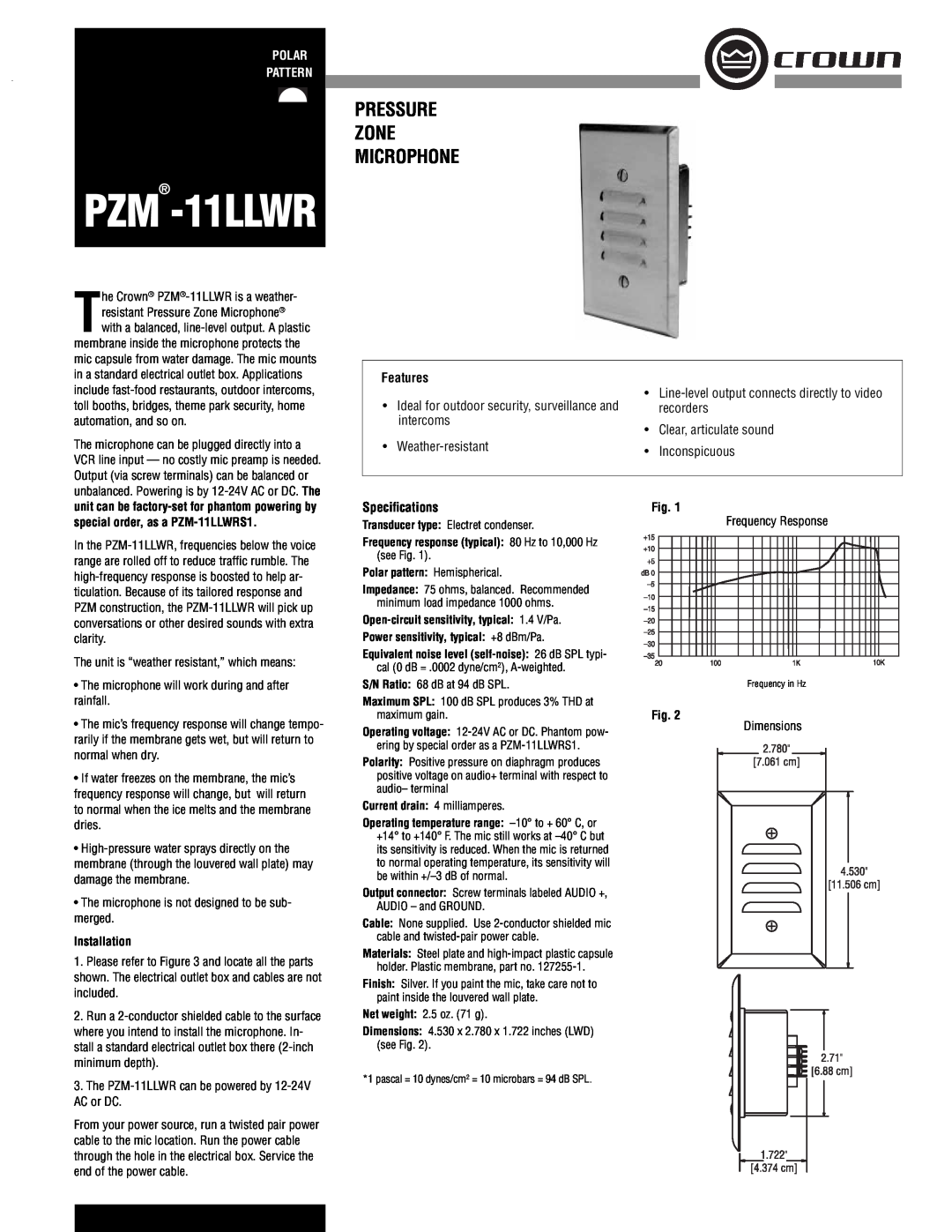 Crown Audio PZM-11LLWR specifications PZM -11LLWR, Pressure Zone Microphone, Polar Pattern, Installation, Features 