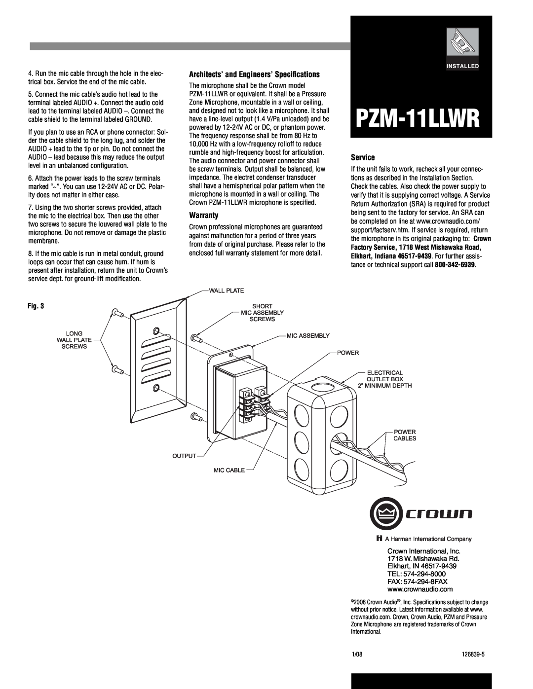 Crown Audio PZM-11LLWR specifications Architects’ and Engineers’ Speciﬁcations, Warranty, Service 