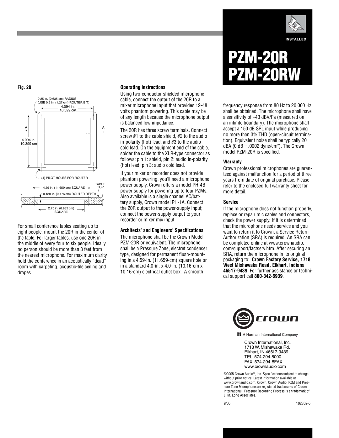 Crown Audio PZM-20RW dimensions Operating Instructions, Architects’ and Engineers’ Speciﬁcations, Warranty, Service 