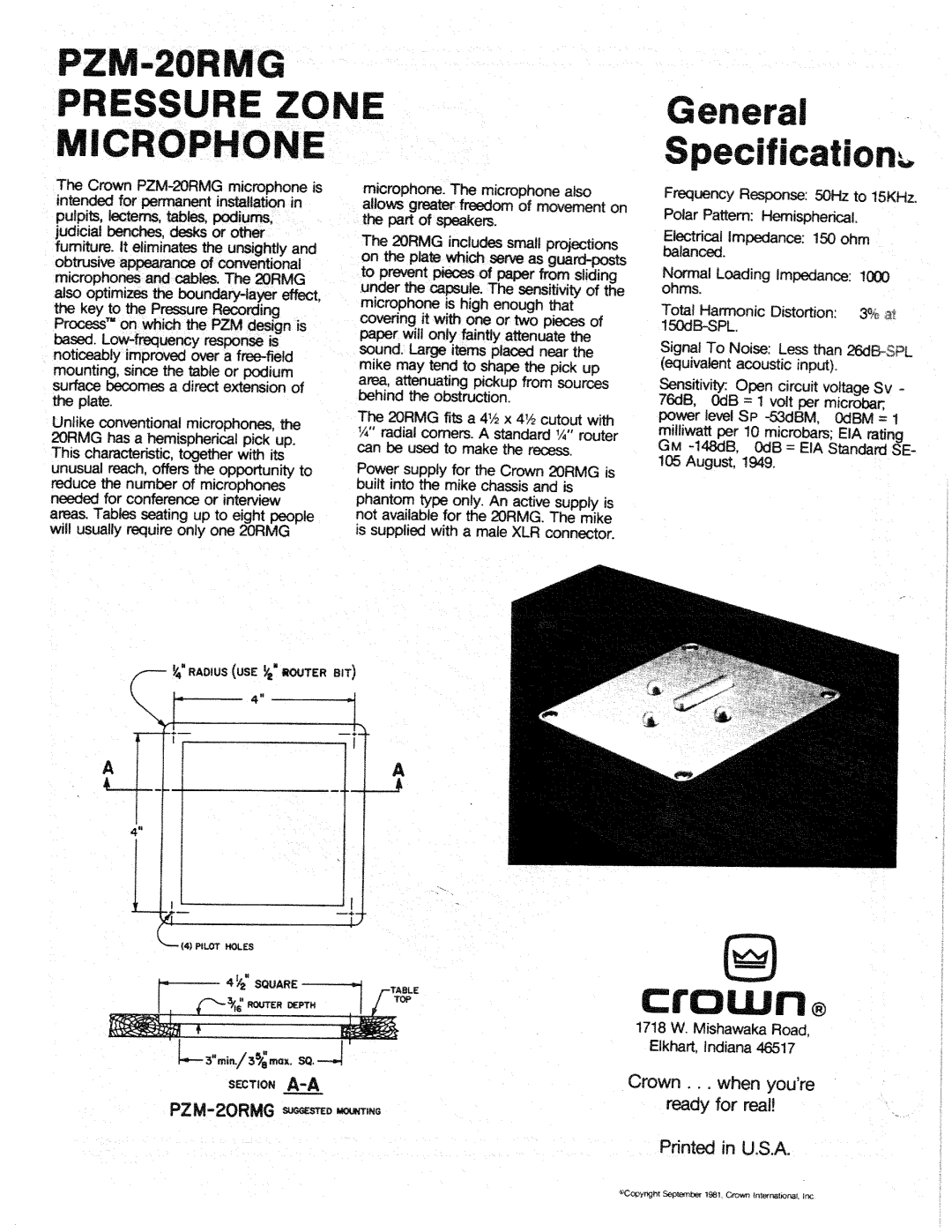 Crown Audio PZM-20RMG manual 