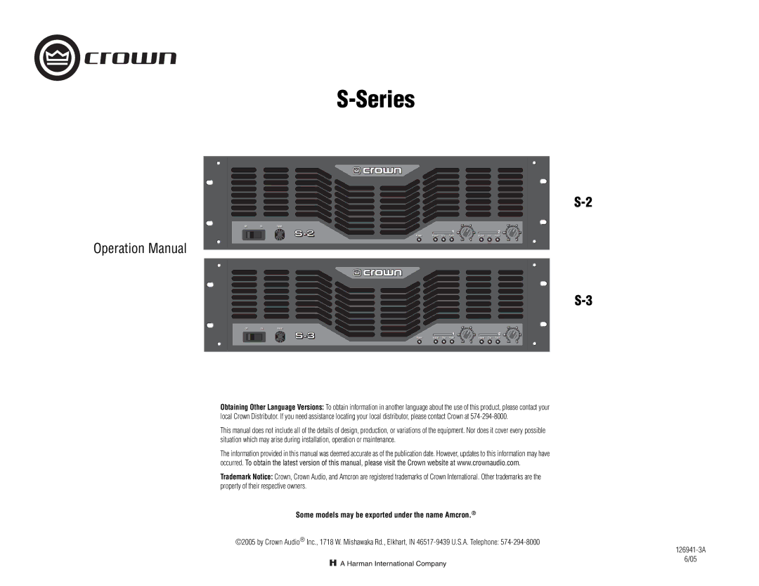 Crown Audio S Series operation manual Some models may be exported under the name Amcron 