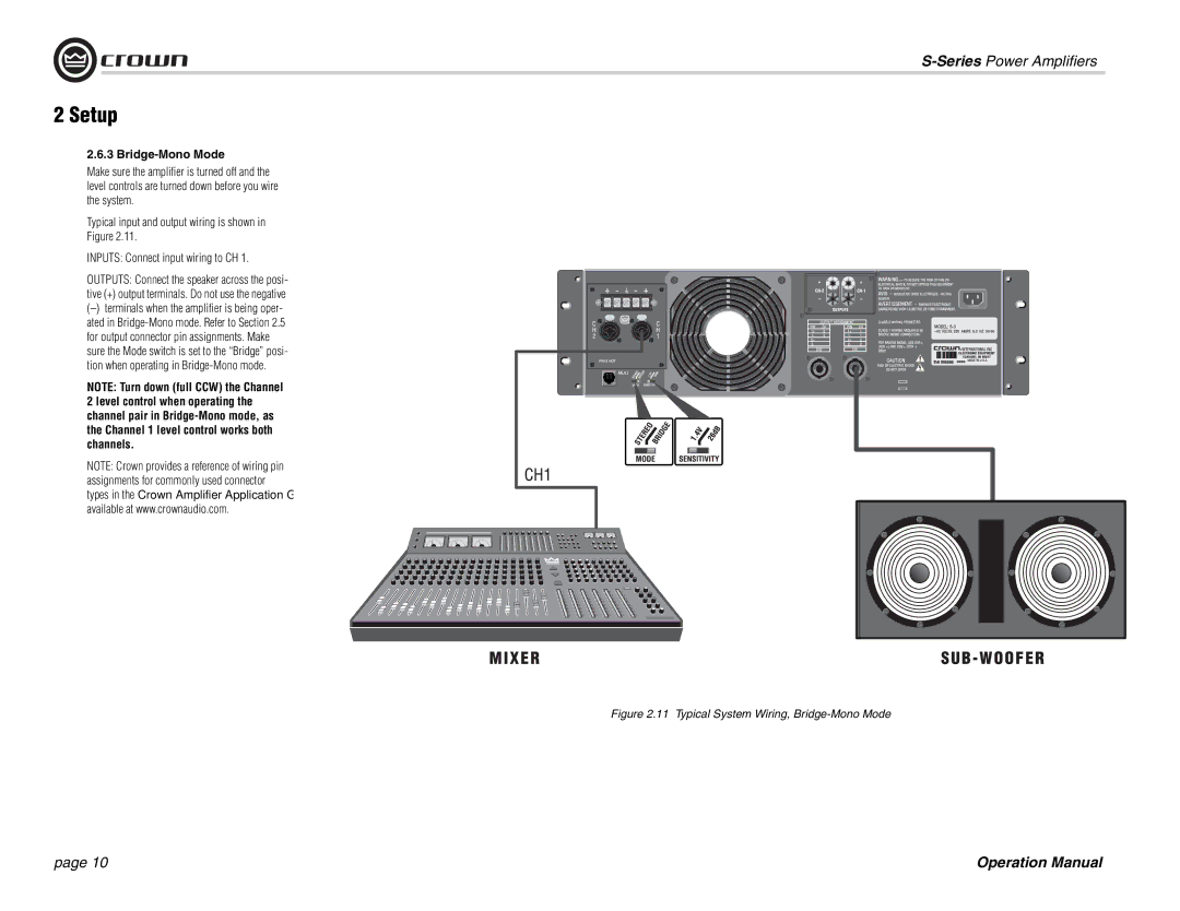 Crown Audio S Series operation manual Typical System Wiring, Bridge-Mono Mode 