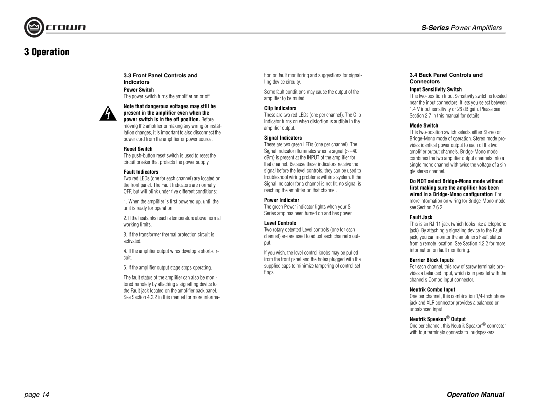 Crown Audio S Series Front Panel Controls Indicators Power Switch, Reset Switch, Fault Indicators, Clip Indicators 