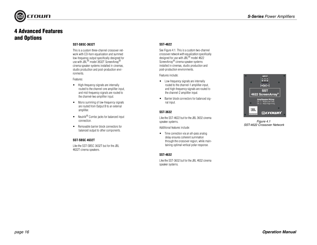 Crown Audio S Series operation manual SST-4622, SST-3632, SST-4632 