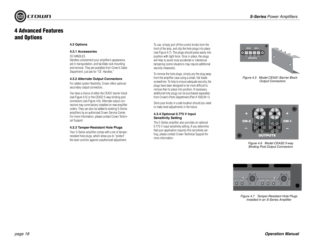 Crown Audio S Series operation manual Options Accessories, Alternate Output Connectors, Tamper-Resistant Hole Plugs 