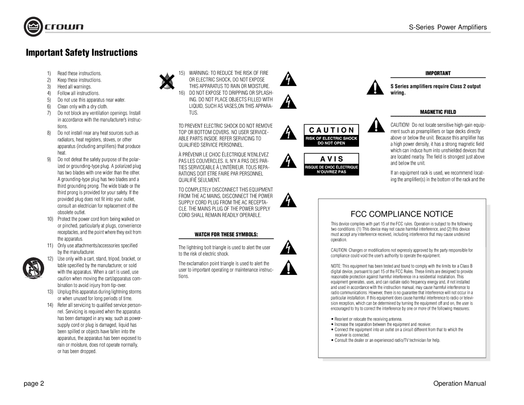 Crown Audio S Series operation manual Important Safety Instructions, Use only with a cart, stand, tripod, bracket, or 