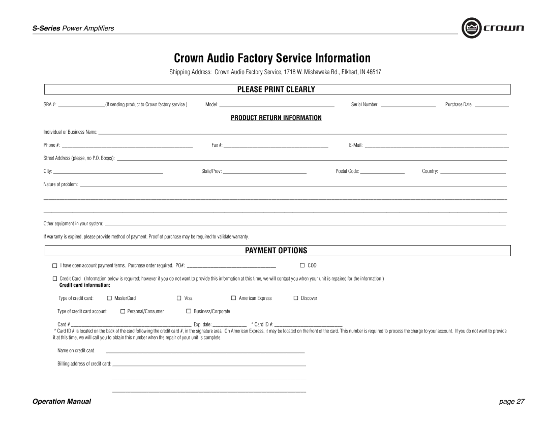 Crown Audio S Series operation manual Crown Audio Factory Service Information 